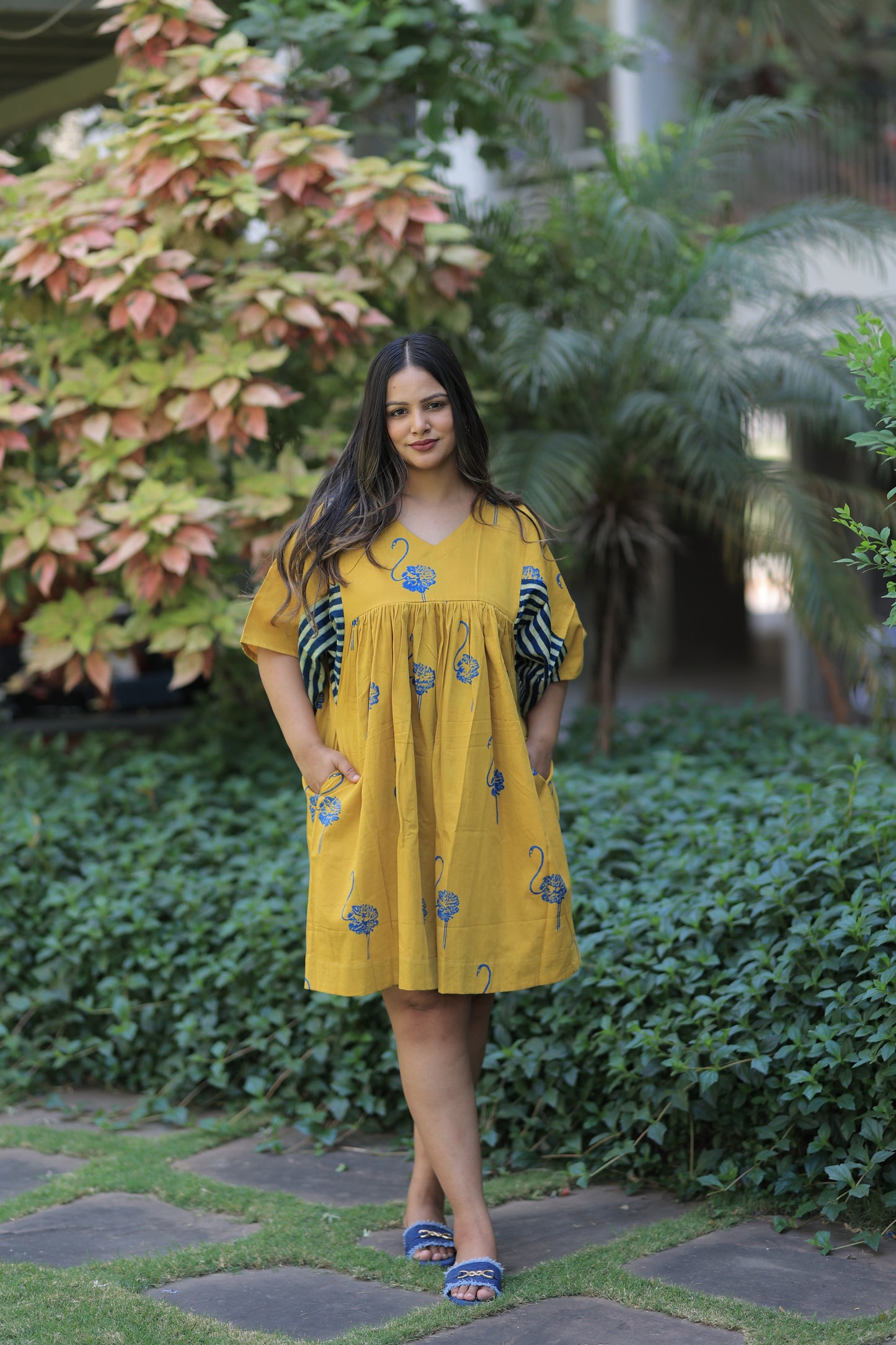 Mustard Yellow Flamingo Striped Sleeves Summer Dress