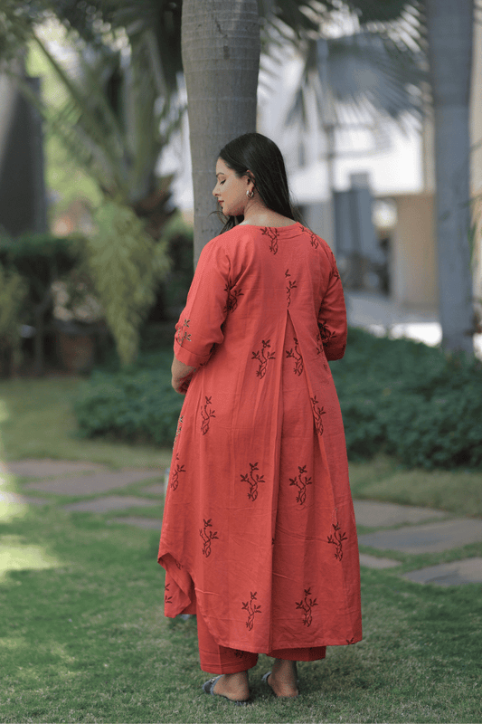 Flared Kurta Pant Set - Reddish - Orange