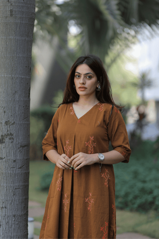 Flared Kurta Pant Set - Coffee Brown