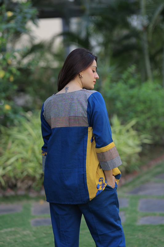 Top - Indigo - Mustard Checkered Kusum Print Co-ord set