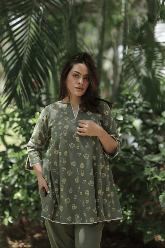 Top - Coffee cup Sumer Co-ord Set - Olive Green