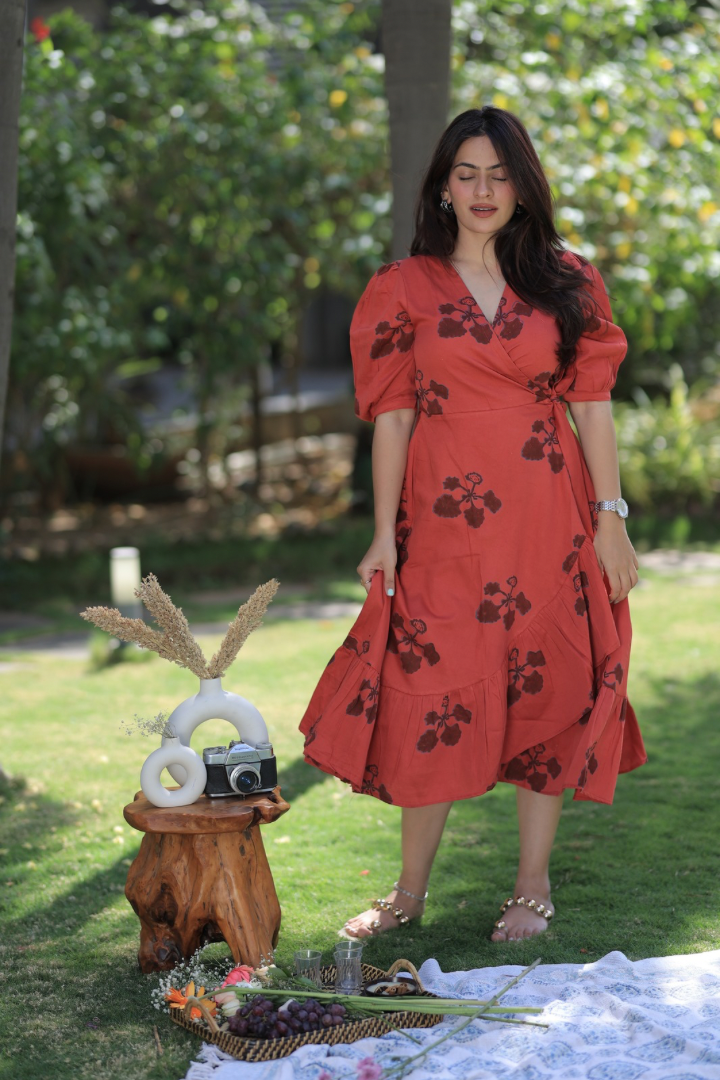 Reddish - Orange Kusum Print Summer Midi Dress