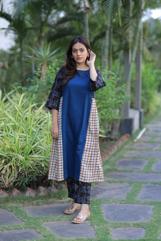 Indigo Elephants Print Checkered Pleated Kurta Set