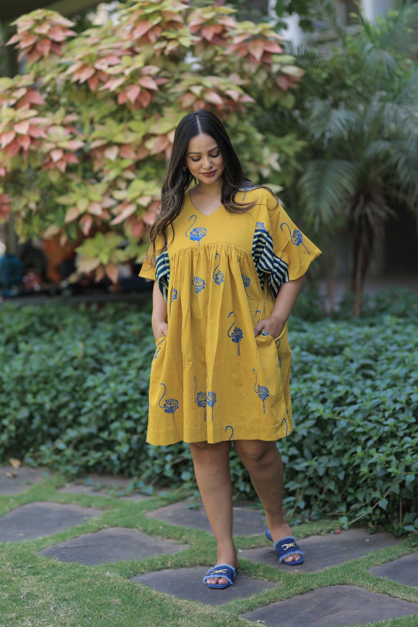 Mustard Yellow Flamingo Striped Sleeves Summer Dress