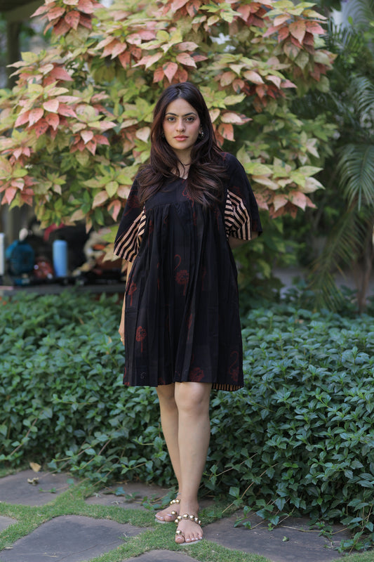 Rustic Black - Flamingo Striped Sleeves Short Summer Dress