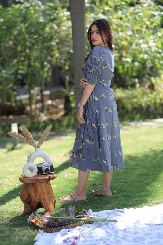 Flying Birds Midi Dress - Grey