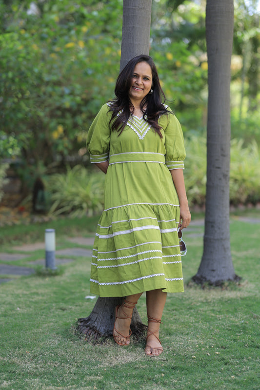 Crochet Lace Summer Midi Dress - Lime Green