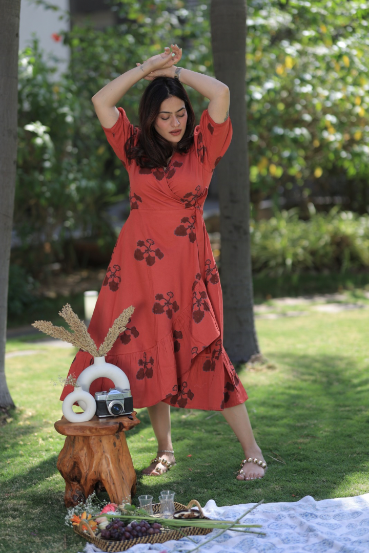 Reddish - Orange Kusum Print Summer Midi Dress Rang - color of soul Reddish - Orange Kusum Print Summer Midi Dress Rang - color of soul