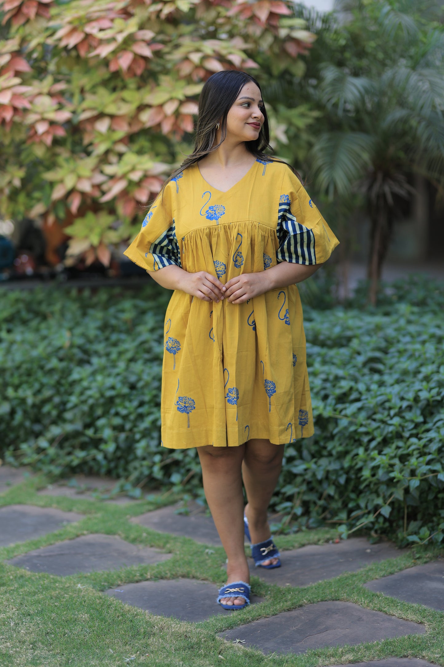 Mustard Yellow Flamingo Striped Sleeves Summer Dress