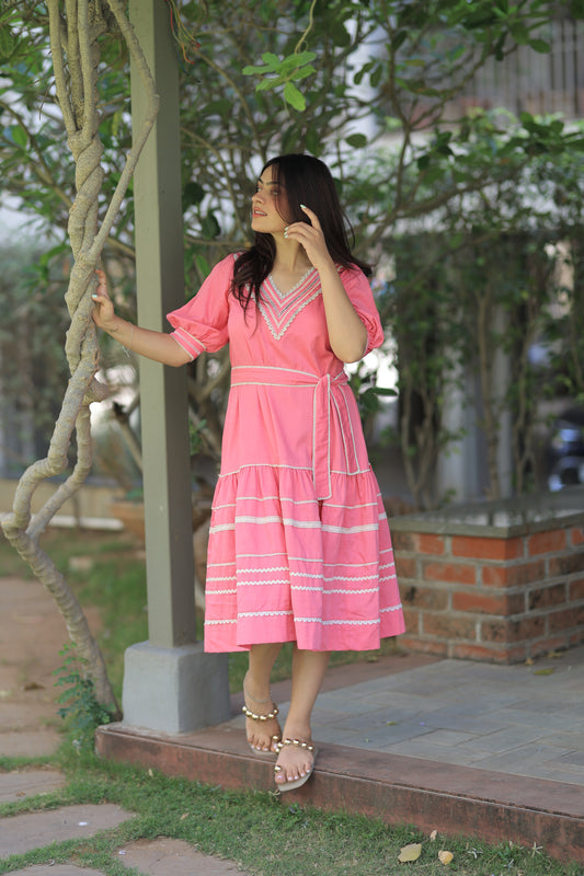 Crochet Lace Summer Midi Dress - Pink
