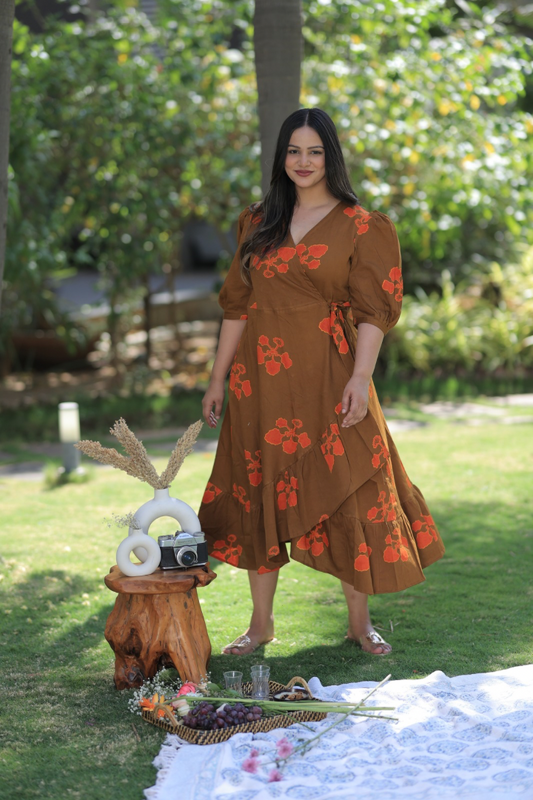 Brown Kusum Print Summer Midi Dress