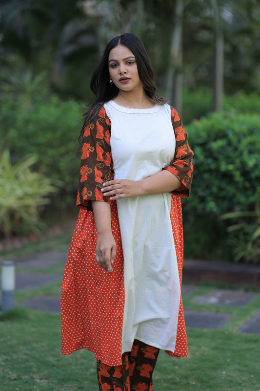 Brown Elephants Print Polka Pleated Kurta Set