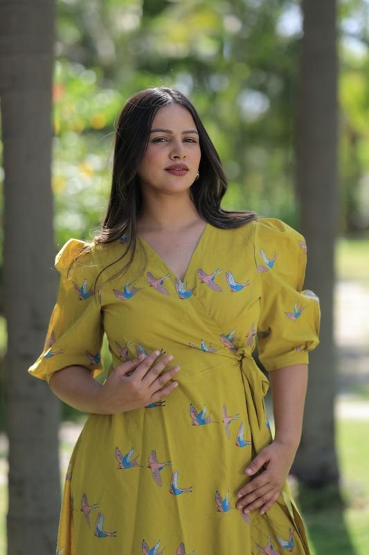 Flying Birds Midi Dress - Mustard