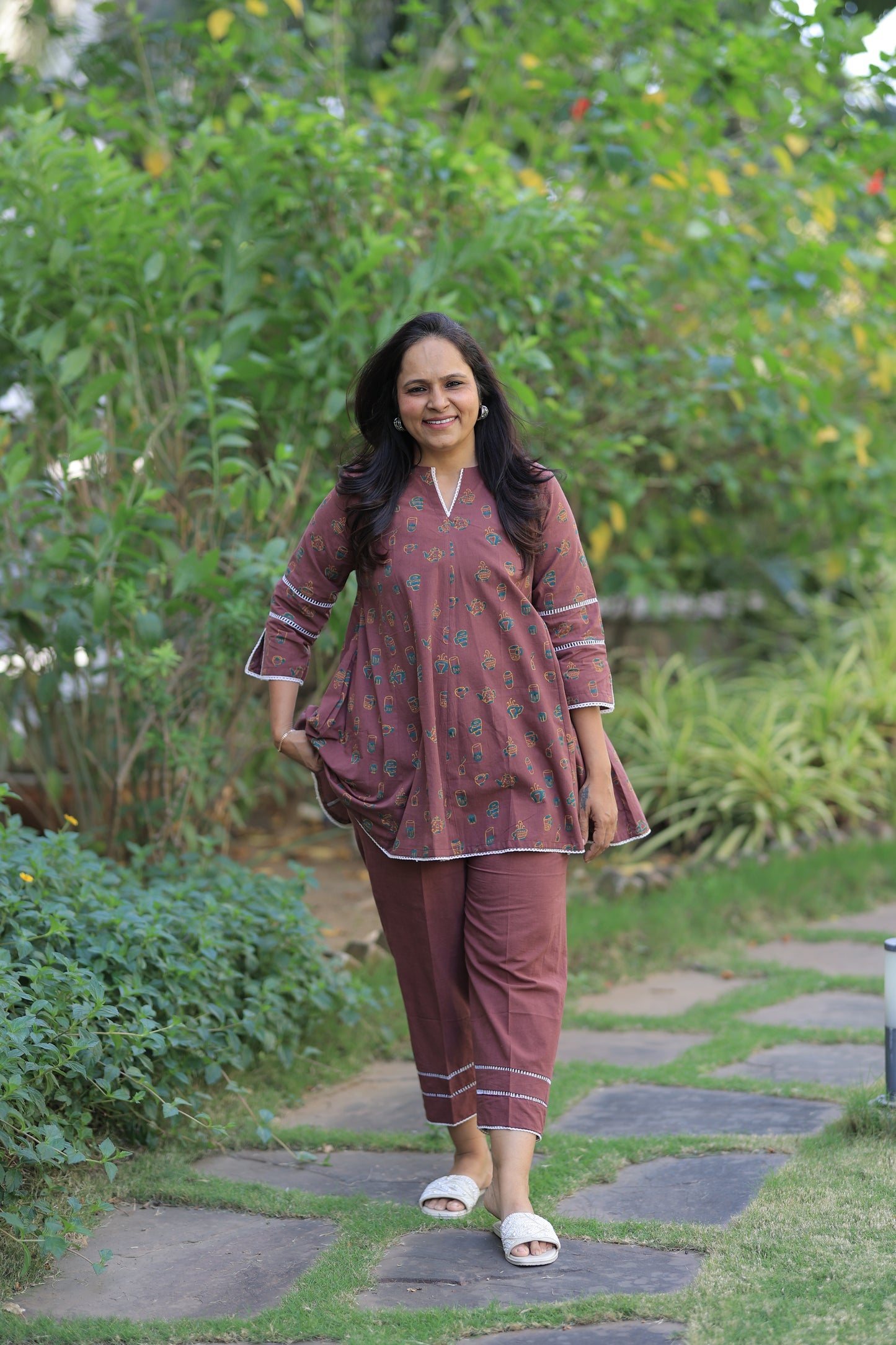 Coffee Cup Summer Co-ord Set - Burgandy