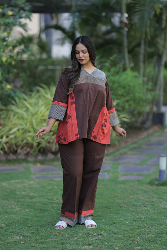 Brown-Reddish Orange Checkered Kusum Print Co-ord Set