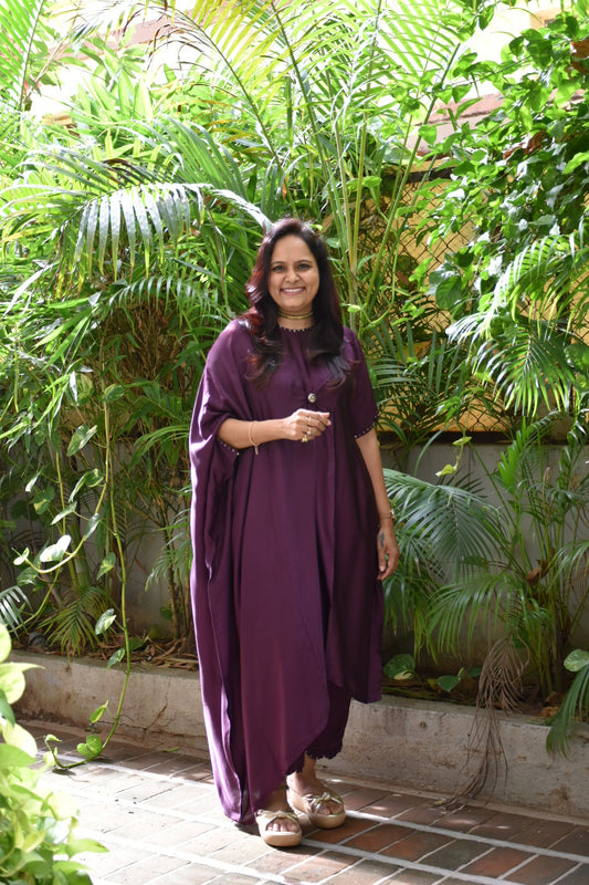 Wine Button kaftan With Hand Work And Pants