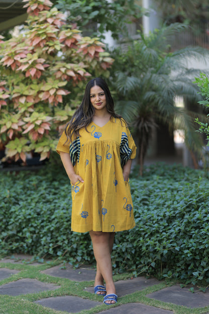 Mustard Yellow Flamingo Striped Sleeves Summer Dress
