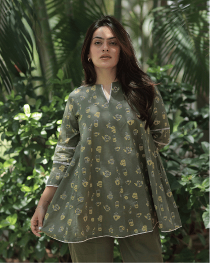 Top - Coffee cup Sumer Co-ord Set - Olive Green