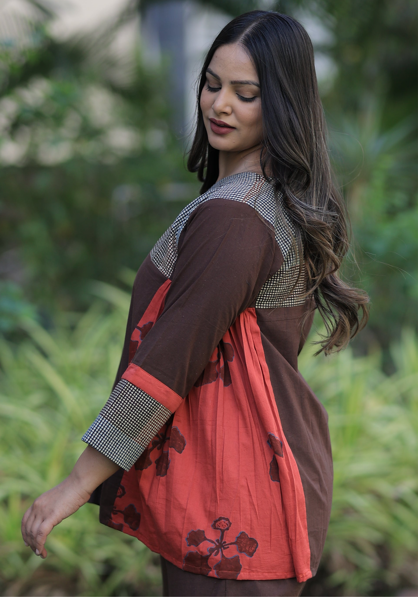 Top - Brown-Reddish Orange Checkered Kusum Print