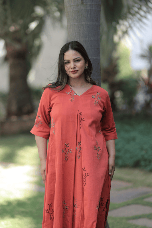 Flared Kurta Pant Set - Reddish - Orange