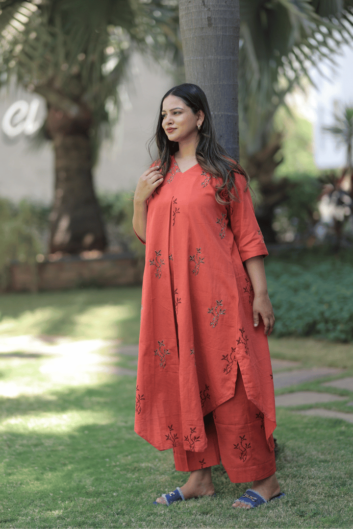 Flared Kurta Pant Set - Reddish - Orange
