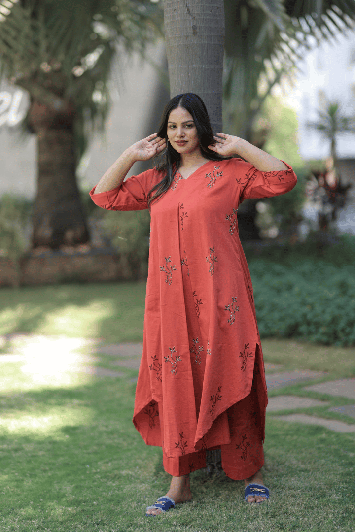 Flared Kurta Pant Set - Reddish - Orange