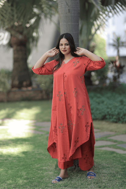 Flared Kurta Pant Set - Reddish - Orange