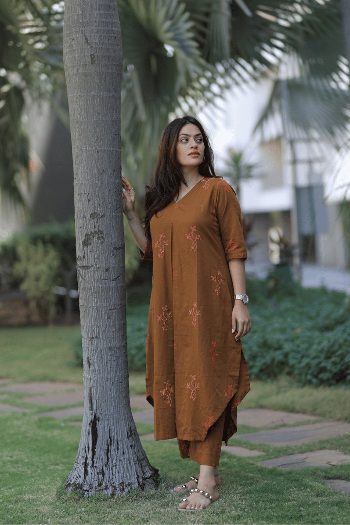 Flared Kurta Pant Set - Coffee Brown