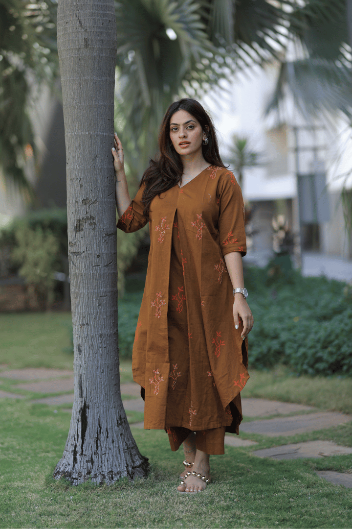 Flared Kurta Pant Set - Coffee Brown