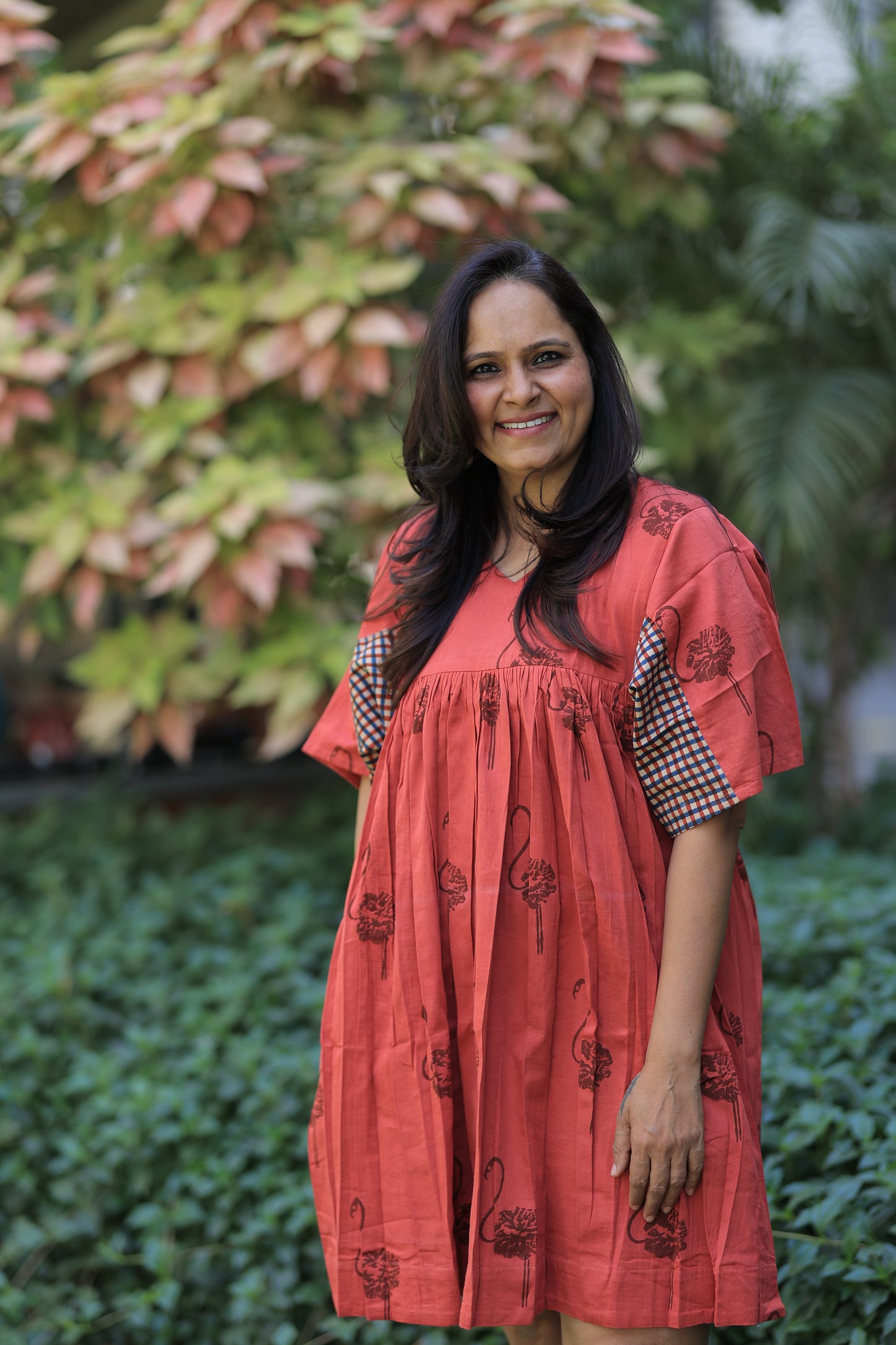 Reddish Orange Flamingo Checkered Sleeves Summer Dress