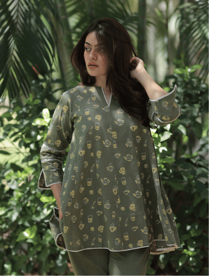 Top - Coffee cup Sumer Co-ord Set - Olive Green