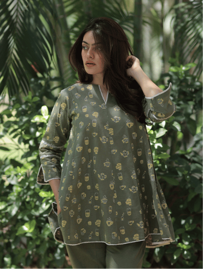 Top - Coffee cup Sumer Co-ord Set - Olive Green