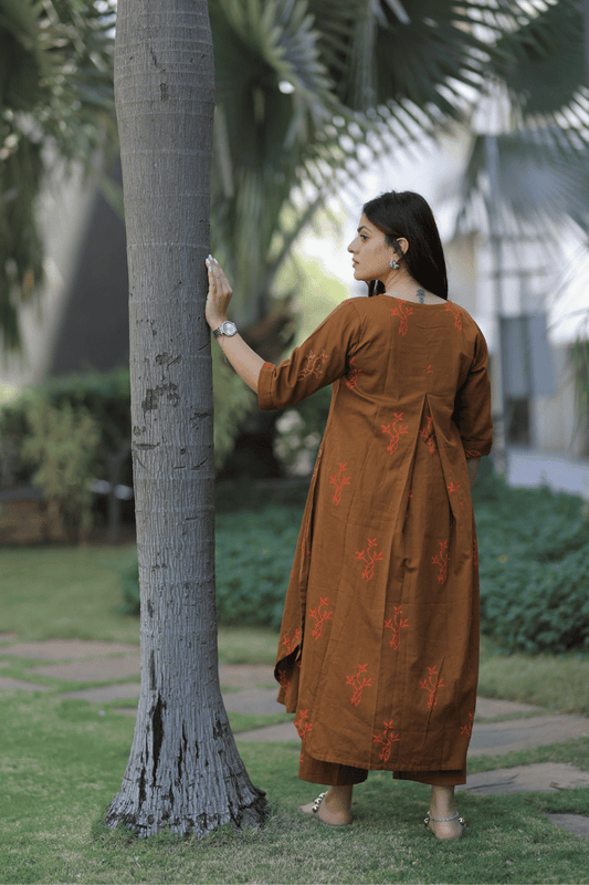 Flared Kurta Pant Set - Coffee Brown