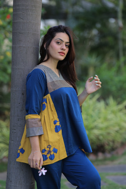 Indigo - Mustard Checkered Kusum Print Co-ord set