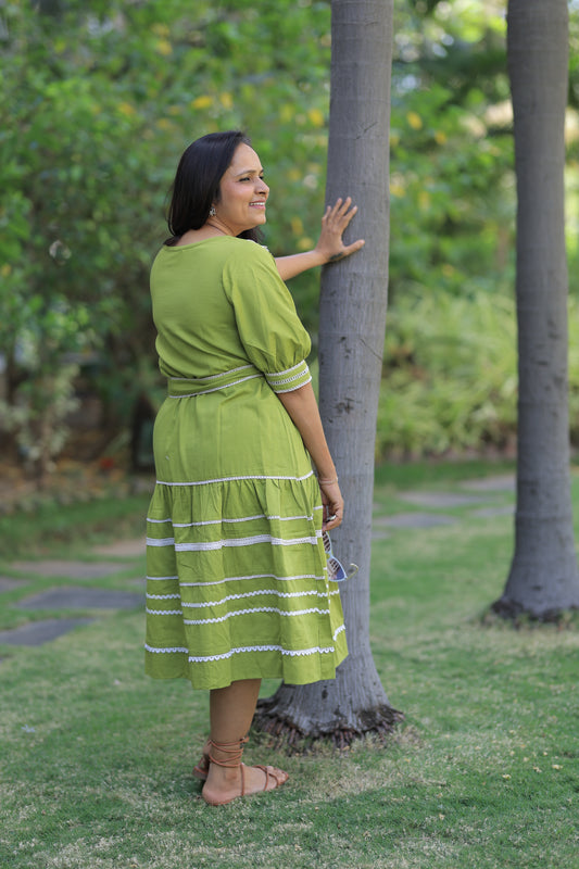 Crochet Lace Summer Midi Dress - Lime Green