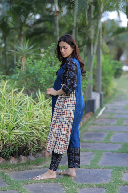 Indigo Elephants Print Checkered Pleated Kurta Set