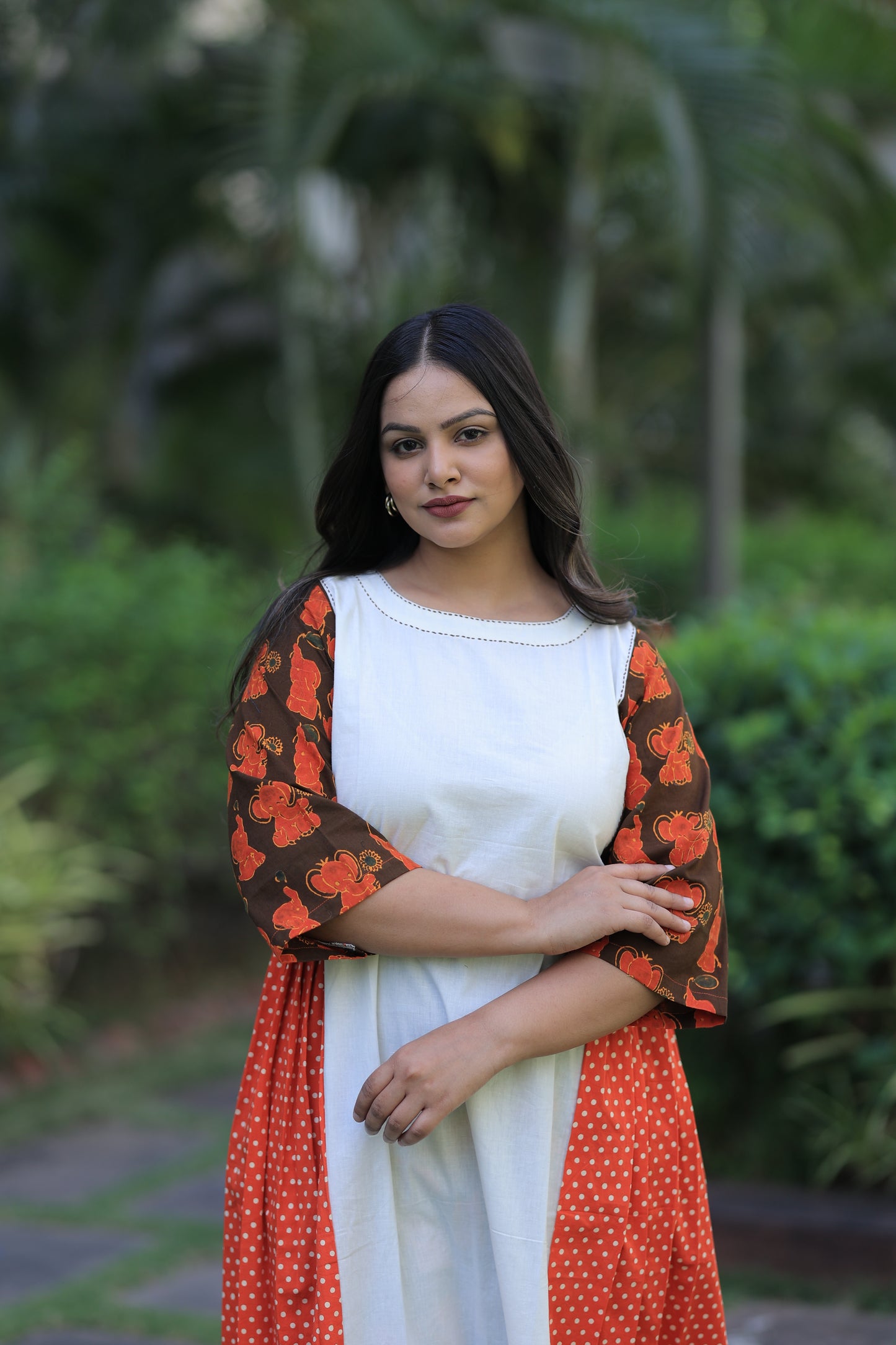 Brown Elephants Print Polka Pleated Kurta Set
