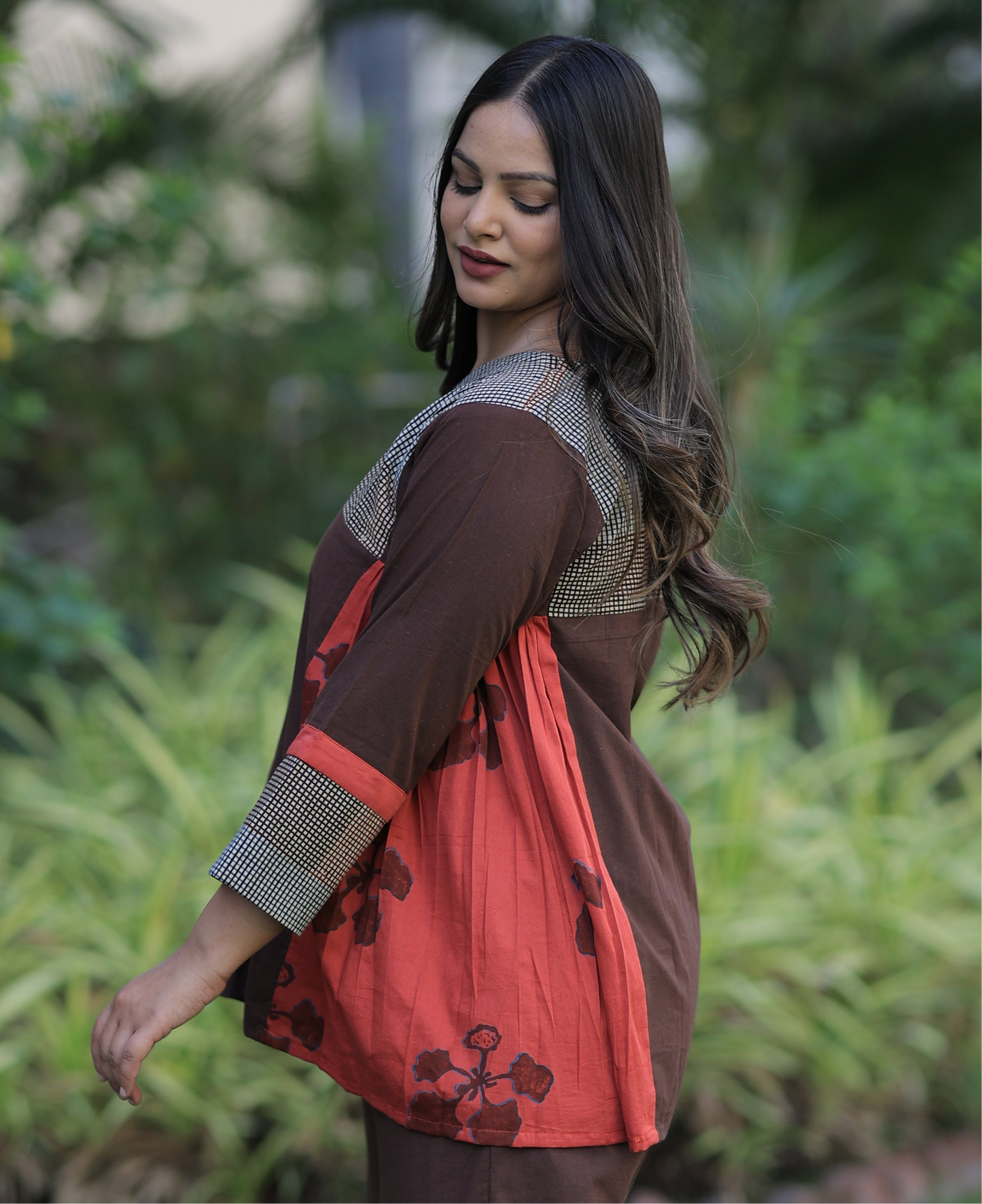 Top - Brown-Reddish Orange Checkered Kusum Print