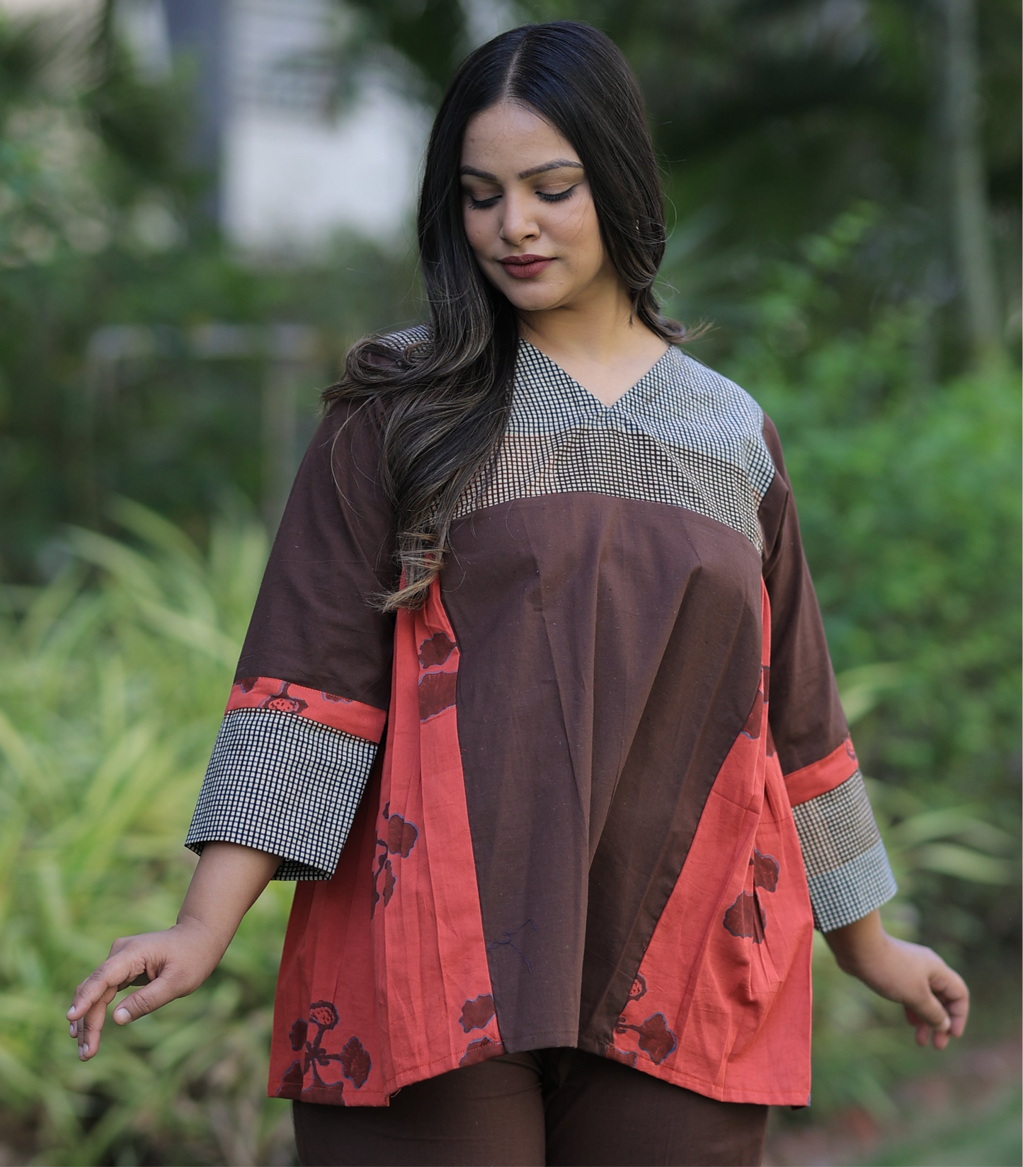 Top - Brown-Reddish Orange Checkered Kusum Print