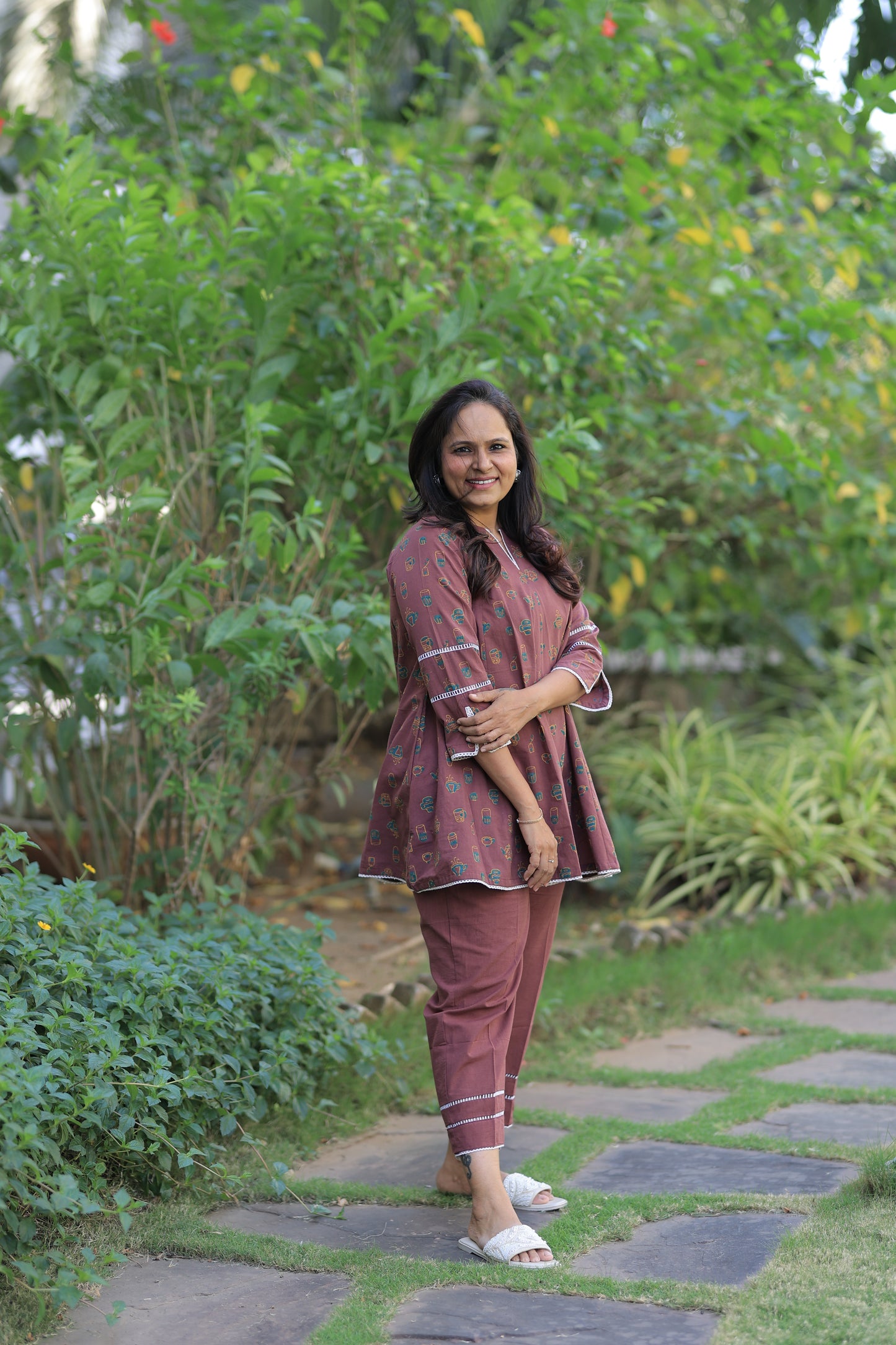 Coffee Cup Summer Co-ord Set - Burgandy