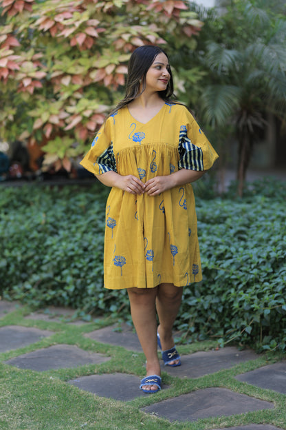Mustard Yellow Flamingo Striped Sleeves Summer Dress