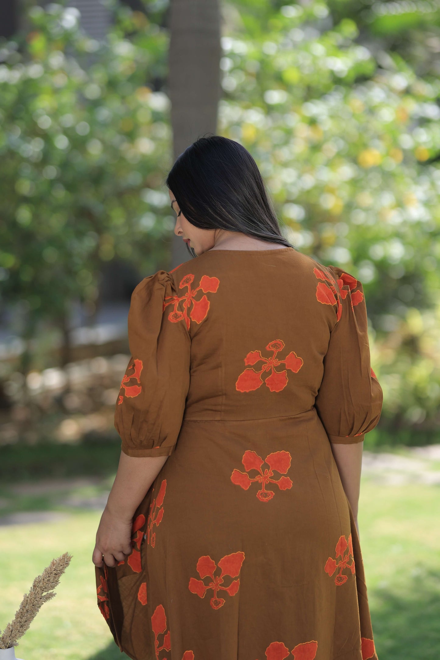 Brown Kusum Print Summer Midi Dress