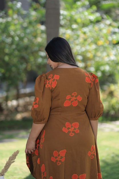Brown Kusum Print Summer Midi Dress