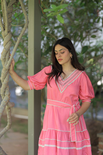 Crochet Lace Summer Midi Dress - Pink
