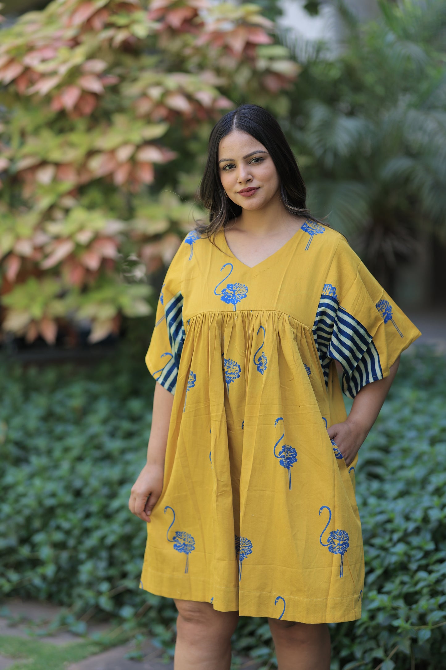 Mustard Yellow Flamingo Striped Sleeves Summer Dress