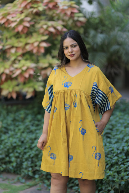 Mustard Yellow Flamingo Striped Sleeves Summer Dress