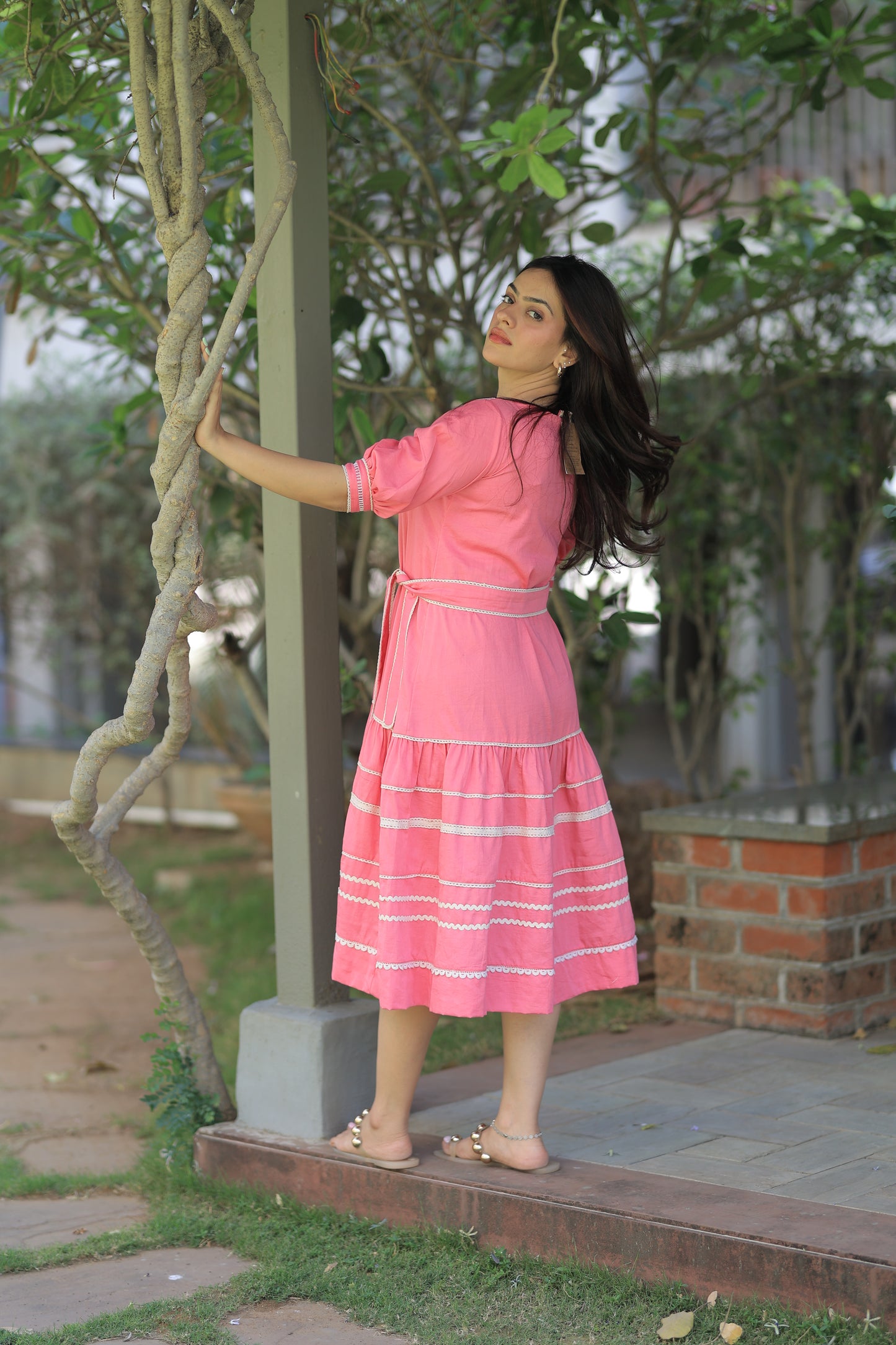 Crochet Lace Summer Midi Dress - Pink