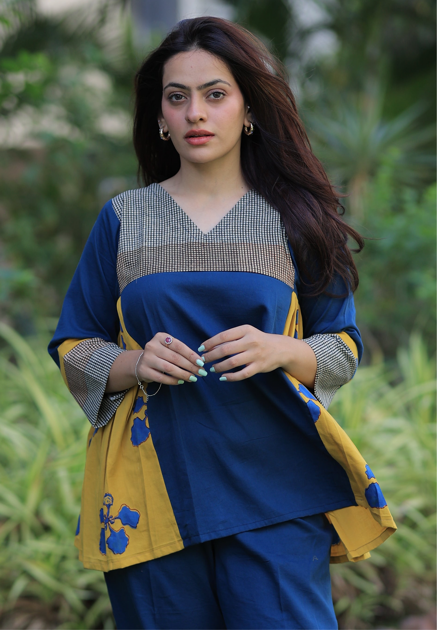 Top - Indigo - Mustard Checkered Kusum Print Co-ord set