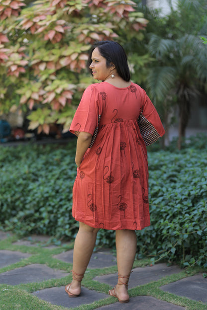 Reddish Orange Flamingo Checkered Sleeves Summer Dress