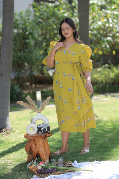 Flying Birds Midi Dress - Mustard